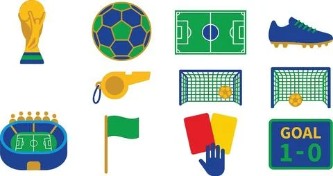 Collection of colorful soccer elements including trophy, ball, field, shoes.. Illustrazione stock