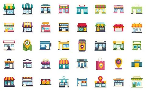Collection of colorful store front icons representing local businesses and Ilustración de archivo