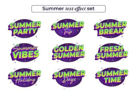 Collection of colorful summer text effects and labels Stock Illustration