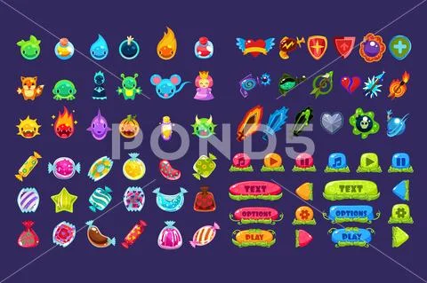 Collection of colorful user interface assets for mobile apps or video games Stock Illustration