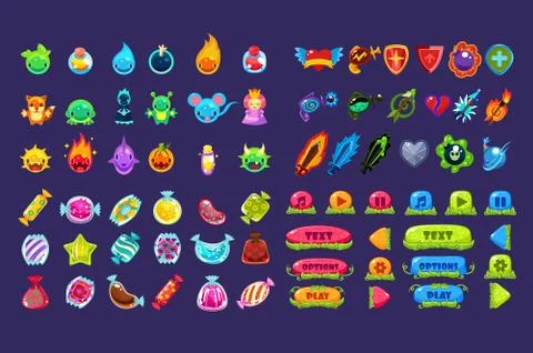 Collection of colorful user interface assets for mobile apps or video games Illustrazione stock