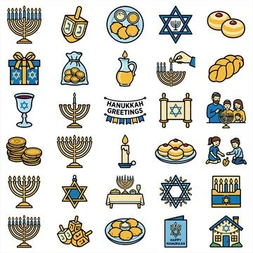 A Collection of Colorful Vector Icons Representing Jewish Festival Traditions 스톡 일러스트