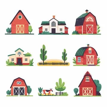 Collection colorful vector illustrations depicting various styles farmhouses Stock Illustration