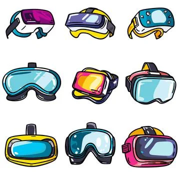 Collection colorful VR goggles different styles, virtual reality designs Stock Illustration
