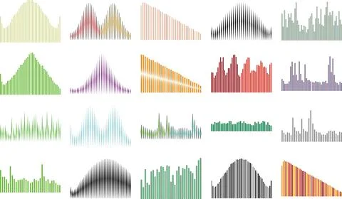 Collection of colorfully designed sound wave patterns representing various .. Stock Illustration