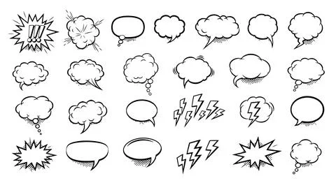 A collection of comic book style speech bubbles and thought clouds Stock Illustration