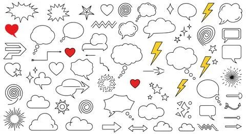 A collection of comic book style speech bubbles and symbols Ilustración de archivo