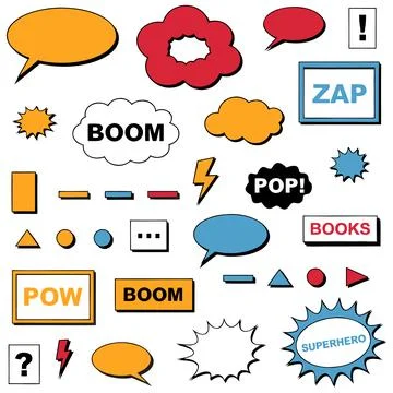 Collection of comic book style speech bubbles and graphic elements. Stock Illustration