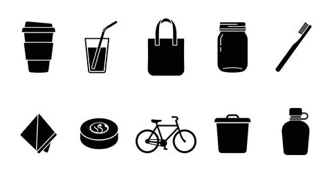 Collection of common everyday objects in black silhouette, including a coff.. 스톡 일러스트