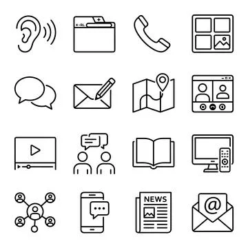 Collection of communication and technology icons including ear, folder, pho.. Stock Illustration