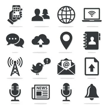 Collection of communication and technology icons including smartphone, peop.. Stock Illustration