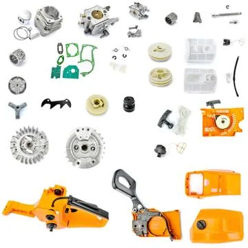 Collection of components chainsaw  on a white background Stock Photos