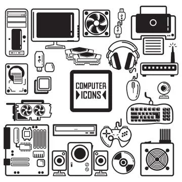 Collection of computer components and peripherals Stock Illustration