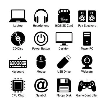 Collection of computer hardware and technology icons including laptop, head.. Ilustración de archivo