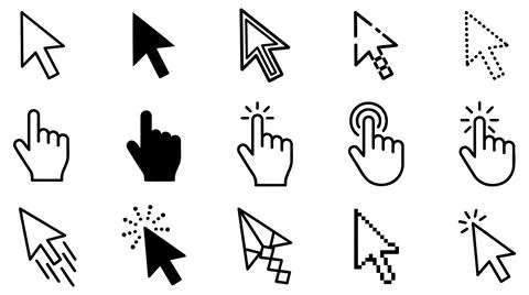 Collection of computer mouse cursor pointer icons with dashed line variations Stock Illustration