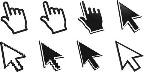 Collection of Computer Mouse Cursors: Hand Pointer, Arrow, Pixelated Icons 스톡 일러스트