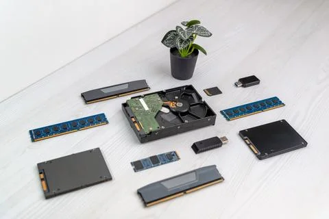 Collection of computer storage devices including hard drive, RAM memory, SS.. Stock Photos