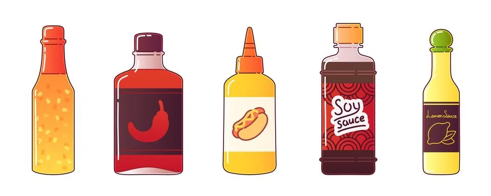 Collection of condiment bottles Stock Illustration