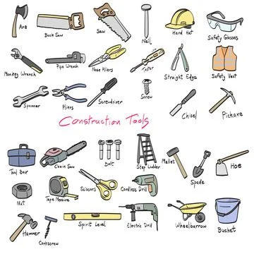 Collection of construction and repair tools illustration vector sketch. 스톡 일러스트