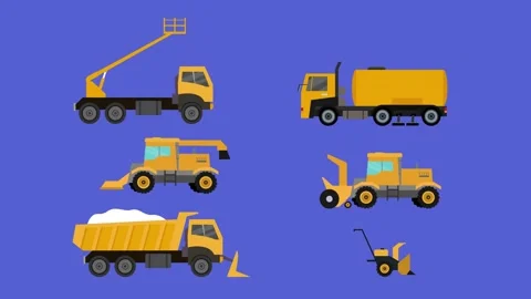 Collection of Construction and Snow Removal Vehicles in Flat Style cartoon .. Stock Footage 302529951