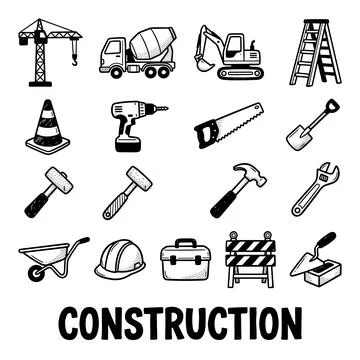 Collection of construction equipment and tools in a doodle art style, inclu.. Illustration