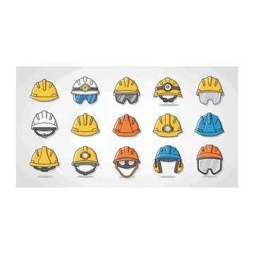 Collection of construction hard hat icons with personal protective equipment Stock Illustration
