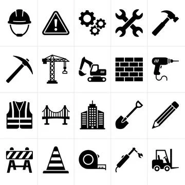 Collection of construction industry icons including hard hat, warning sign,.. Stock Illustration