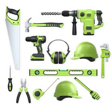Collection of construction tools, helmets, and safety gear on white backgro.. Stock Illustration