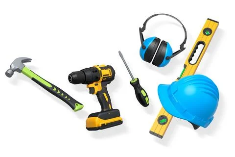 Collection of construction tools, helmets, and safety gear isolated on white  Stock Illustration