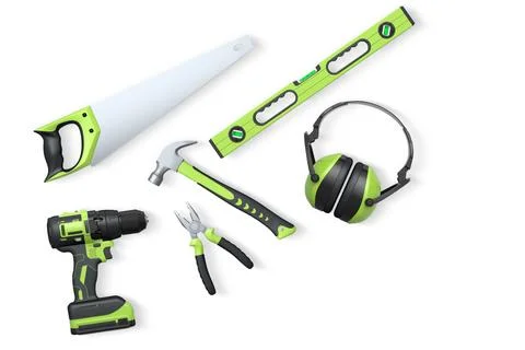 Collection of construction tools, helmets, and safety gear on white backgro.. Stock Illustration