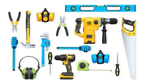 Collection of construction tools, helmets, and safety gear on white background Illustrazione stock