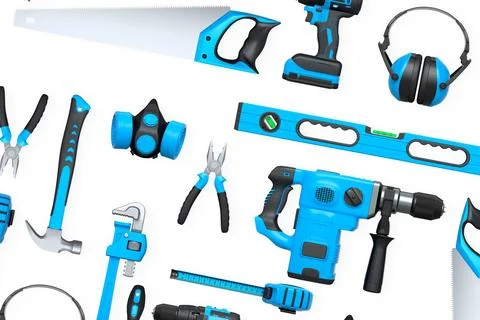 Collection of construction tools, helmets, and safety gear on white background Stock Illustration