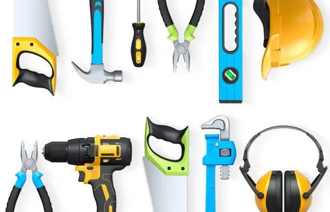 Collection of construction tools, helmets, and safety gear on white background Stock Illustration
