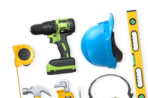 Collection of construction tools, helmets, and safety gear on white background Stock Illustration