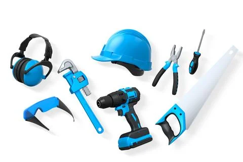 Collection of construction tools, helmets, and safety gear on white background Illustrazione stock