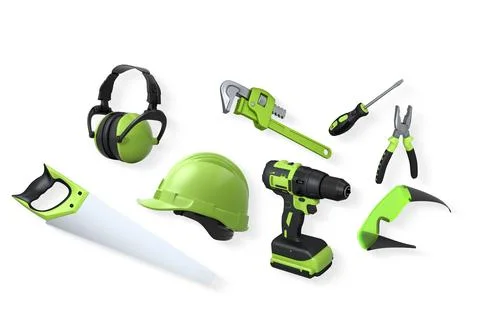 Collection of construction tools, helmets, and safety gear on white background Stock Illustration
