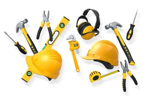 Collection of construction tools, helmets, and safety gear on white background Stock Illustration