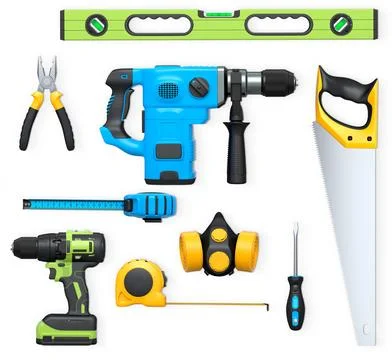 Collection of construction tools, helmets, and safety gear on white background 스톡 일러스트