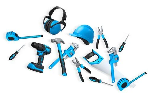 Collection of construction tools, helmets, and safety gear on white background Stock Illustration