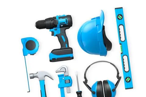 Collection of construction tools, helmets, and safety gear on white background Illustrazione stock