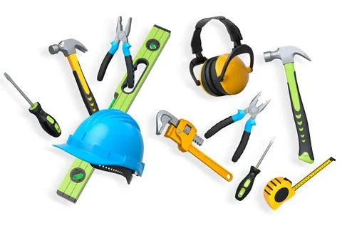 Collection of construction tools, helmets, and safety gear on white background Illustrazione stock