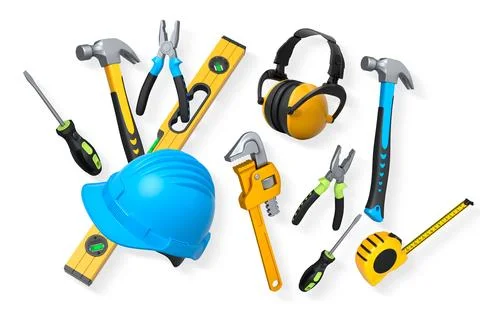Collection of construction tools, helmets, and safety gear isolated on white  Stock Illustration