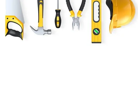 Collection of construction tools, helmets, and safety gear on white backgro.. Stock Illustration