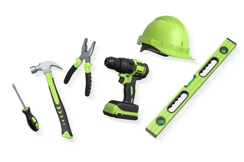 Collection of construction tools, helmets, and safety gear on white backgro.. Stock Illustration