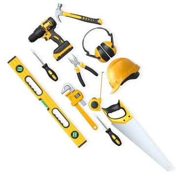 Collection of construction tools, helmets, and safety gear on white backgro.. Stock Illustration