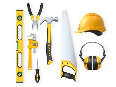 Collection of construction tools, helmets, and safety gear on white backgro.. Stock Illustration