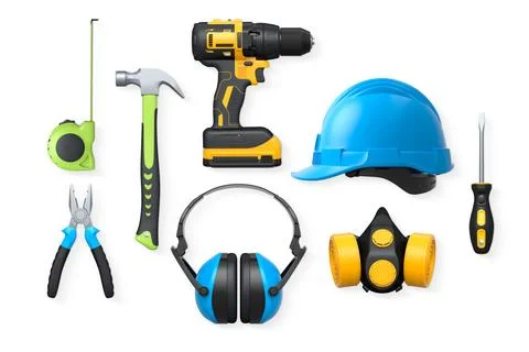 Collection of construction tools, helmets, and safety gear on white backgro.. Stock Illustration