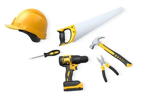 Collection of construction tools, helmets, and safety gear on white backgro.. Stock Illustration