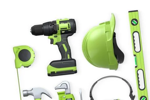 Collection of construction tools, helmets, and safety gear isolated on white  Stock Illustration