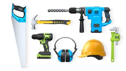 Collection of construction tools, helmets, and safety gear on white backgro.. Stock Illustration